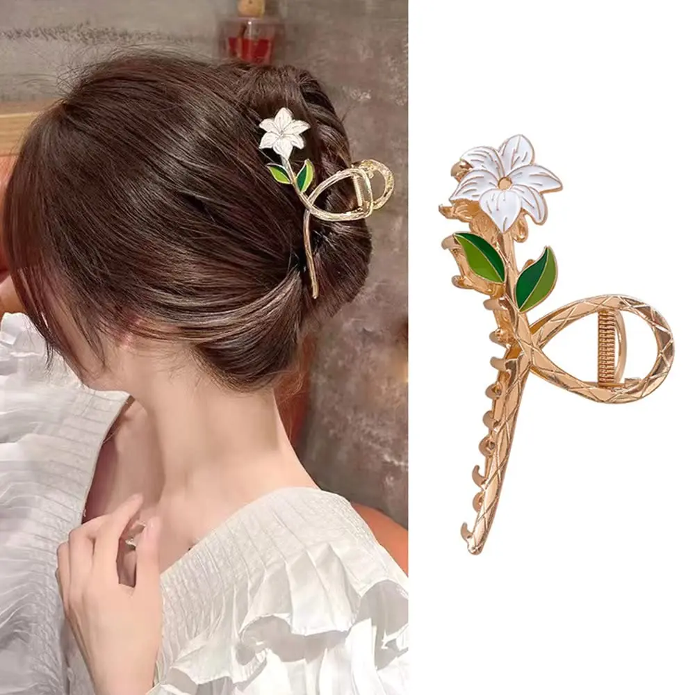 Pinza para el pelo de flor de Metal a la moda para mujer, pinzas para el pelo decorativas de lirio blanco elegante, pinza para cola de caballo,