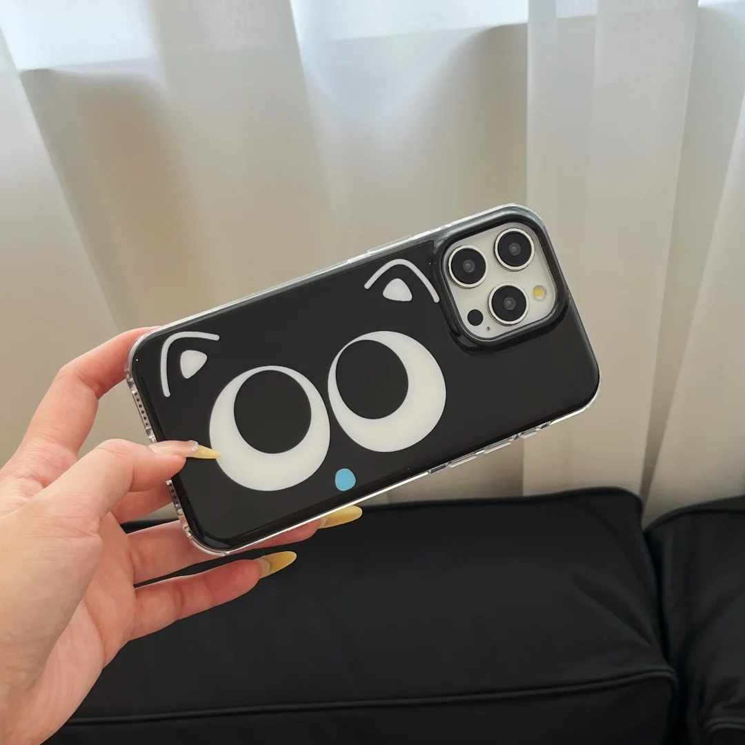

Luxury Korea Ins Black Cat Big Eyes Cute Protection Phone Case For iPhone 16 15 14 13 12 Pro Max 15 Plus gloss silicone Cover