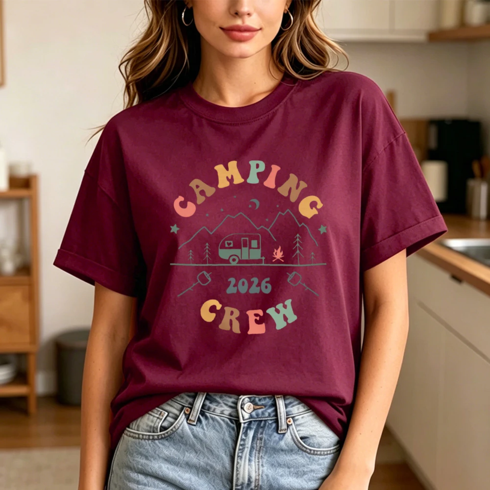 2026 Camping Crew Retro Rainbow Graphic T-Shirt Vintage Mountain Camper Tee Family Group Camping Trip Matching Casual Shirt