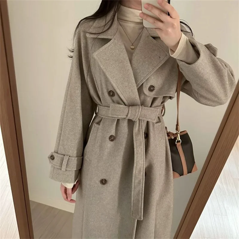 [EWQ] Korean Temperament Double Breasted Lace-up Double-faced Cashmere Coat Women Winter Thick Overcoats 2024 Autumn New 16O2722