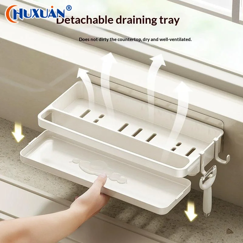Q Dishwashing Utensil Rack With Hanging Hooks Kitchen Storage Shelf With Ventilated Water Catch Tray Moisture-Proof