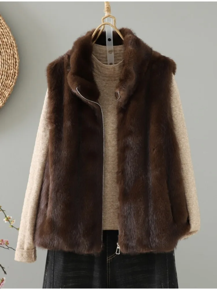Women's Thickened Cotton Lined Mink Imitation Vest Winter Outerwear Sleeveless Version Warm Casual Style Home Wear Zipper Design
