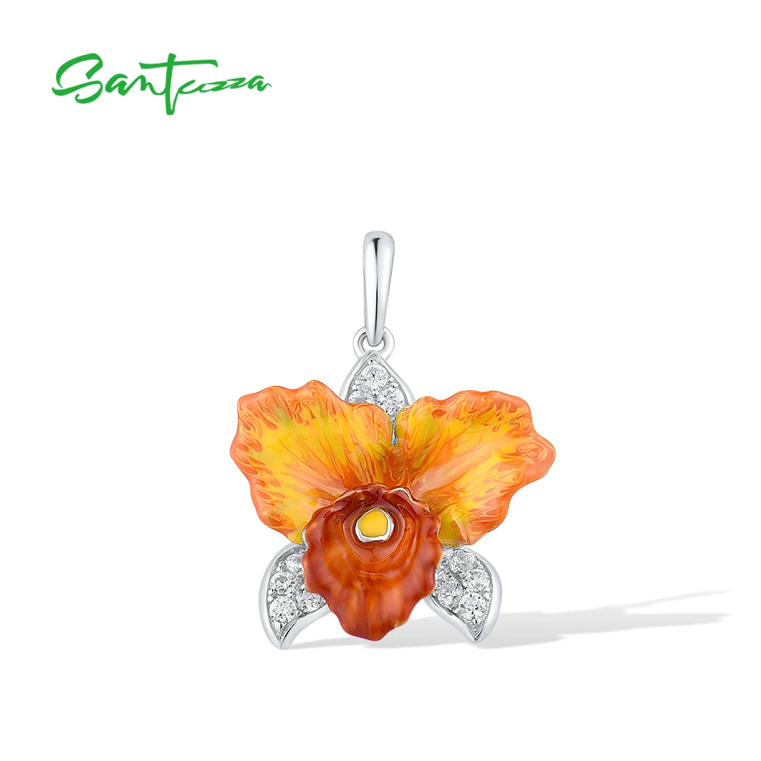 SANTUZZA Pure 925 Sterling Silver Pendant For Women Sparkling Orange Orchid Flower Trendy Party Gifts Fine Jewelry Enamel