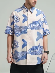 Oversized Loose Men Shirt American Style Summer Fried Street Fashion Small Fish Print New Personalized Mens Casual Shirts