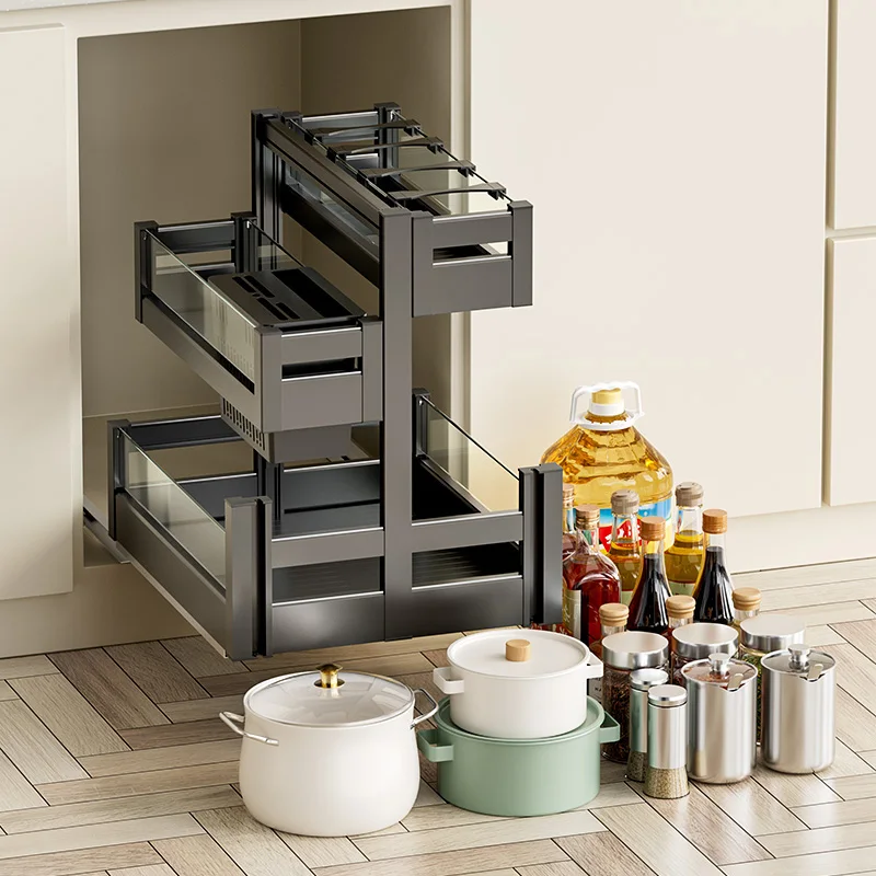 Kitchen cabinet seasoning pull-out basket, drawer-style multifunctional space aluminum spice basket, knife rack, storage rack