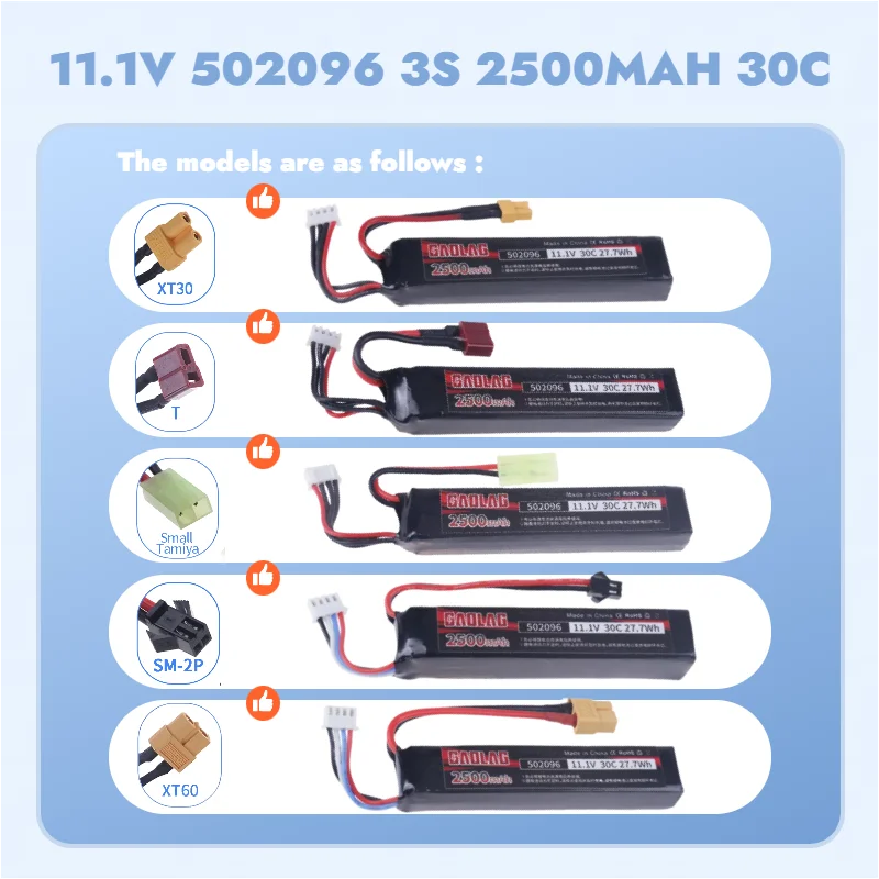 

Airsoft LiPo Battery 11.1V 3S 2500mAh 30C - Compatible with Tamiya & XT30 - Size 502096 for Electric Airsoft Guns