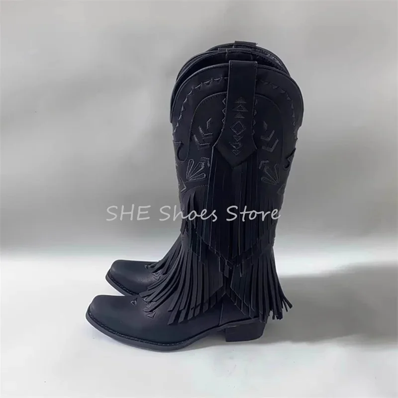 

Retro Embroidery Tassels Women Chelsea Boots Balck Pointed Toe Chunky Heel Slip-On Long Boots Ladies Catwalk Party Dress Shoes