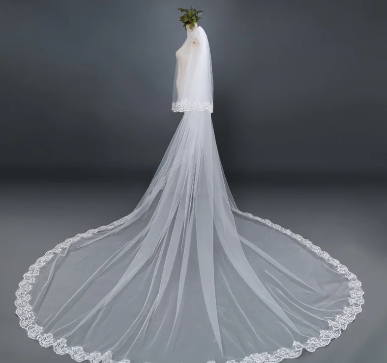 Nuovo velo da sposa 3M lunghezza 3M larghezza 2L bianco avorio cattedrale pizzo Appliques bordo con pettine veli da sposa su misura