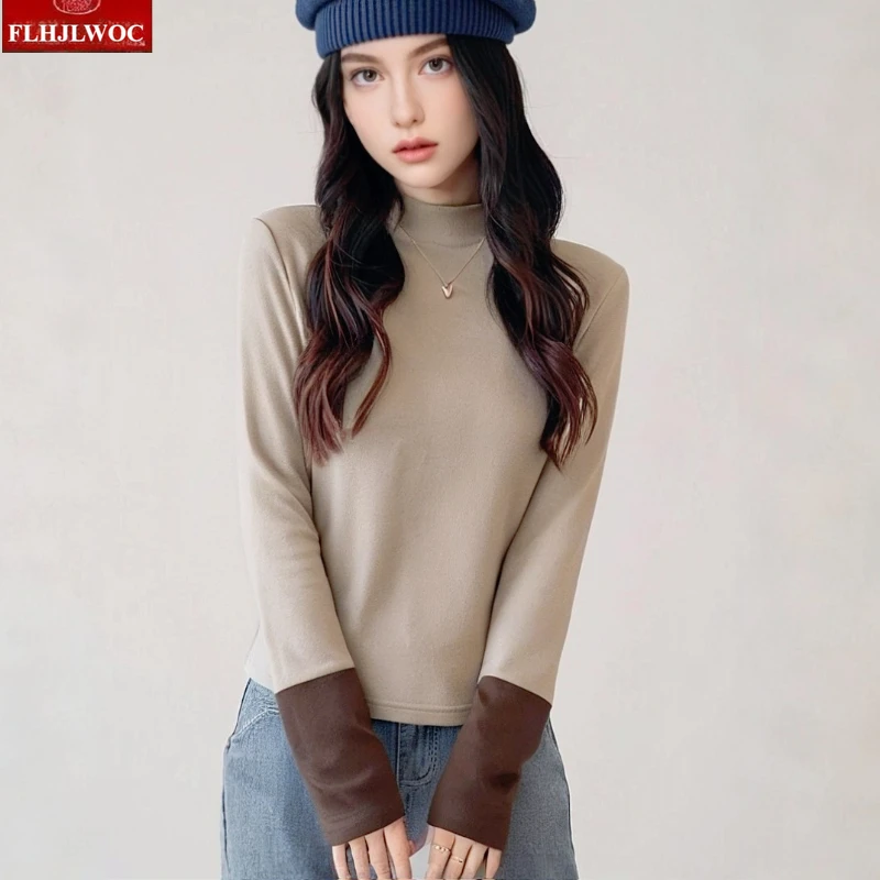 

Зимнее теплое нижнее белье, топы, новые модные женские лоскутные дизайнерские ткани с длинными рукавами, однотонные милые базовые футболки с воротником-стойкой