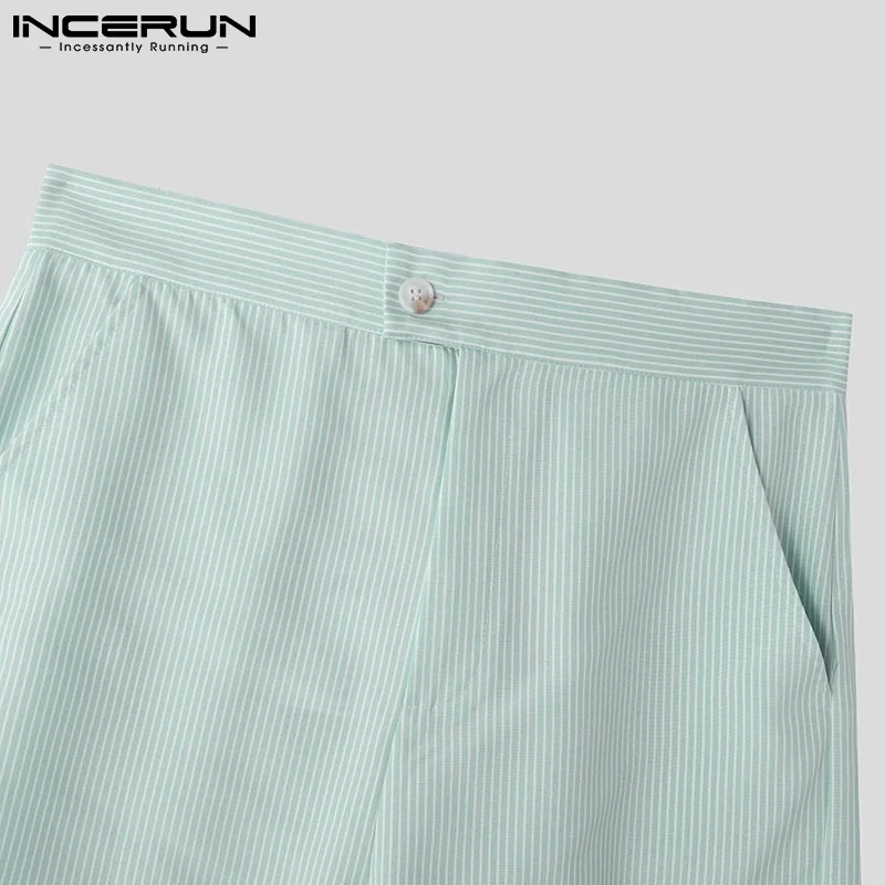 패션 INCERUN 여름 남성 세트 짧은 소매 정장 반바지 스트라이프 투피스 정장 남성 의류 옷깃 streetwear