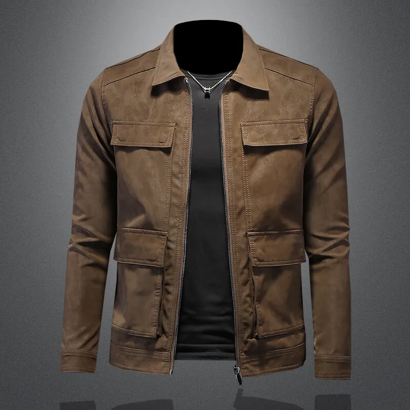 

Мужская кожаная куртка-косуха Slim Fit из оленьей кожи с бархатным эффектом, винтажная, повседневная, с длинными рукавами, на молнии, коллекция Весна 2025