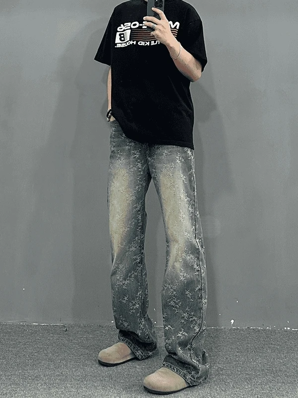 

Slimming Floral Embroidery Jeans Men's Design Summer American Retro Washed Straight High Street Flared Long Trousers