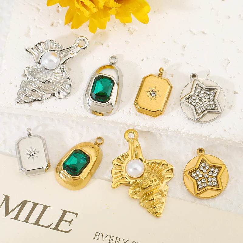 

4pcs Stainless Steel Conch Round Star Charms Zircon Pearl Pendant for DIY Necklace Earring Jewelry Making Accessories Craft
