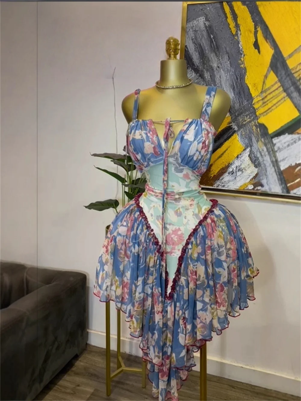 

Women Sexy Sleeveless Printed Backless High Waist Slimming Elegant Colorful Dress Birthday Design Clothes Night Club Party Wear