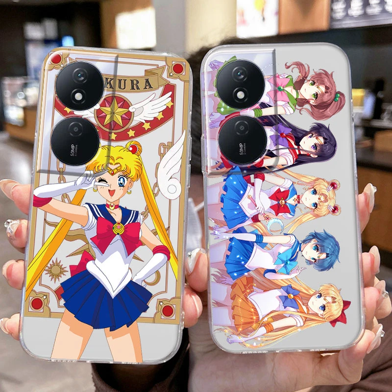 Capas transparentes claras do telefone do silicone, anime dos desenhos animados, marinheiros, luas, coelho, meninas, gato, huawei honra 90, smart x7b, 4g, 5g