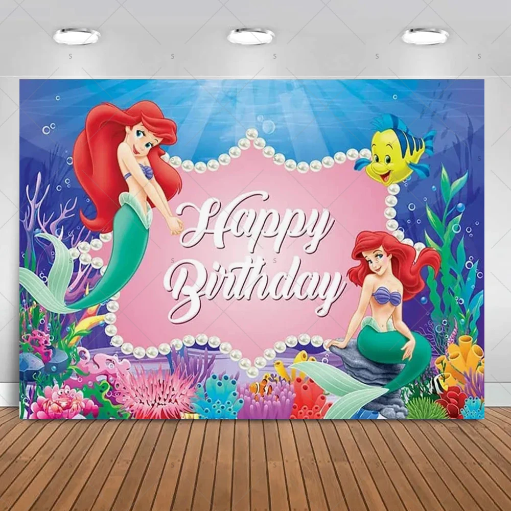 Disney Little Mermaid Ariel Theme Photography Backdrops Seaweed Children's Birthday Parties Photo Studio Background QA-11 - view 4
