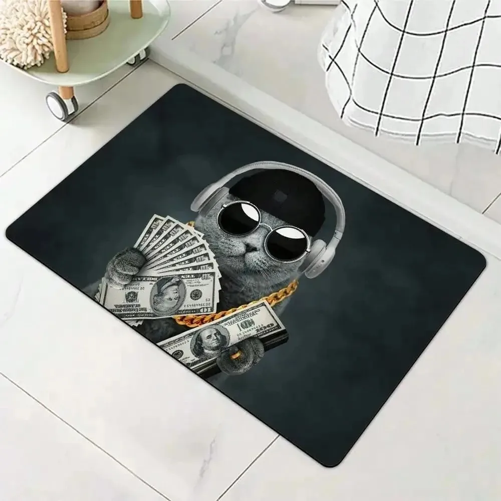 VIKAMA Hip Hop Cool Cat Headphones Money Print Doormat Non Slip Washable Animal Floor Rug Indoor Entrance Mat Home Decor