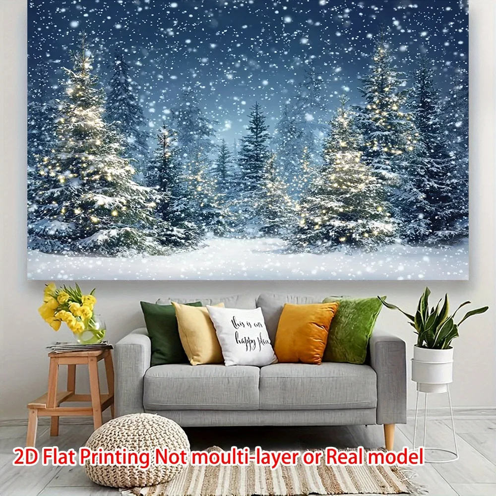 2D Flat, Winter Snowy Pine Forest Tapestry - Realistic Snow-Covered Trees with Falling Snowflakes & Starry Night Backdrop - Hori