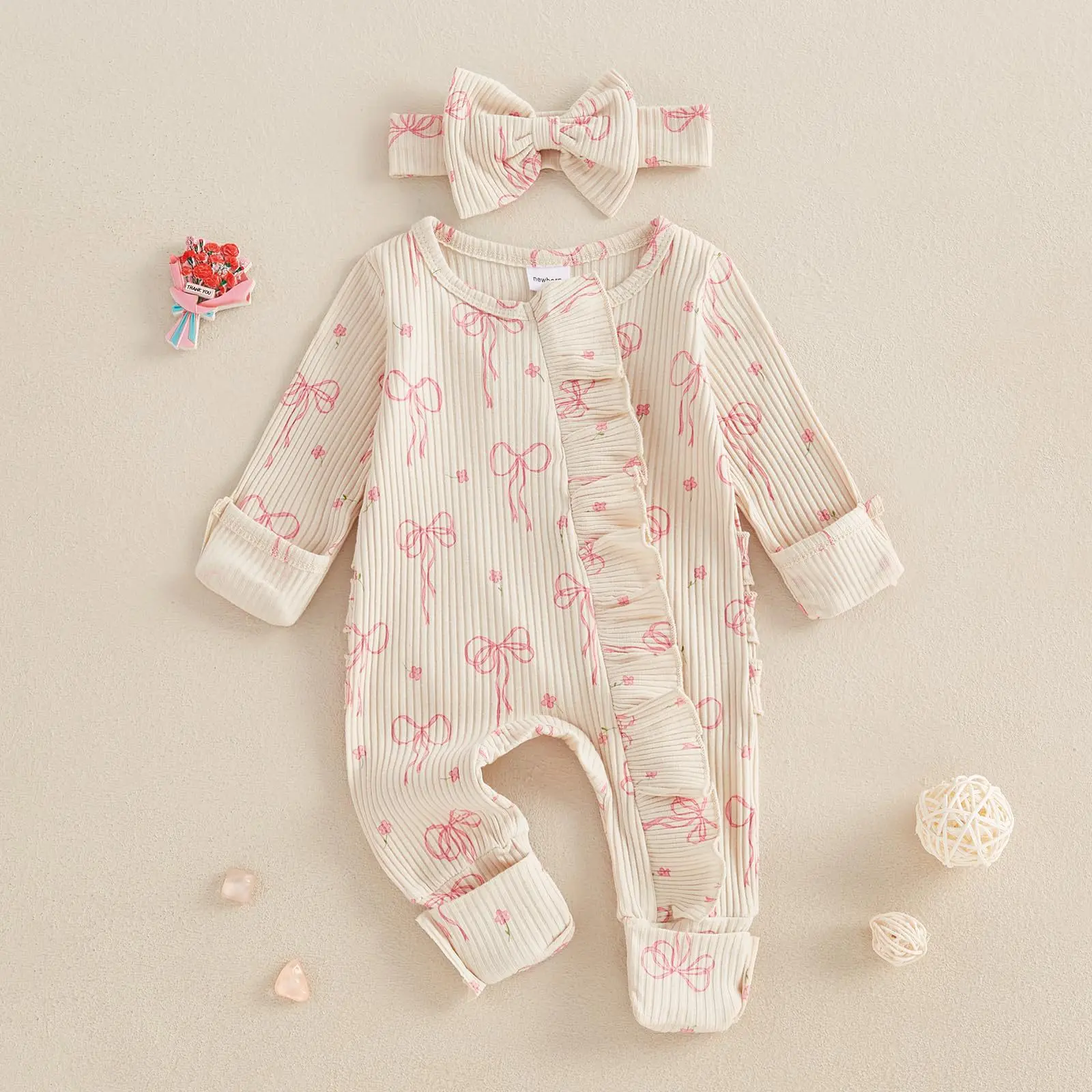 2026 UNITIM Frühling Neugeborenen-Outfit Strampler Waffel-Strick Schleife Reißverschluss Fußstrampler Rüschenbesatz Baby Mädchen Bodysuit Kinderkleidung