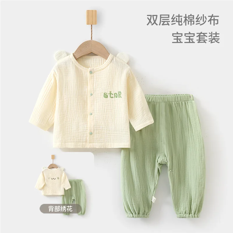 Baby Pajama Sets Baby Homewear Long Sleeve Double Pure Cotton Top Pants Children Summer Air Conditioning Room Clothes Girls