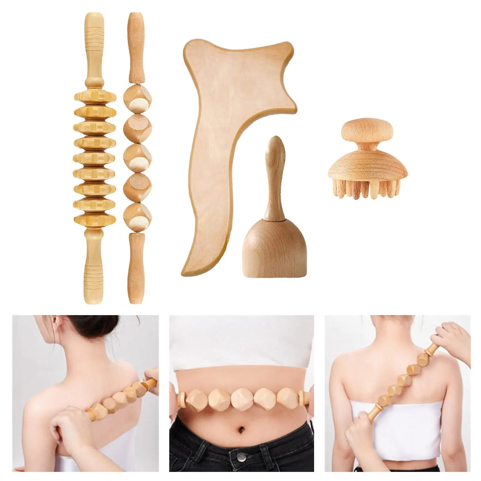 5 Count Wooden Fascia Massager Tool Set Roller Stick Cup Manual for Drainage, , Body Contouring