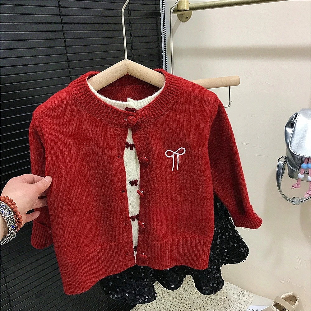 Girls Set Spring and Autumn New Korean Version Fake Two-piece Bow Sweater Cardigan Sequin Fish Tail Skirt Fashionable Casual