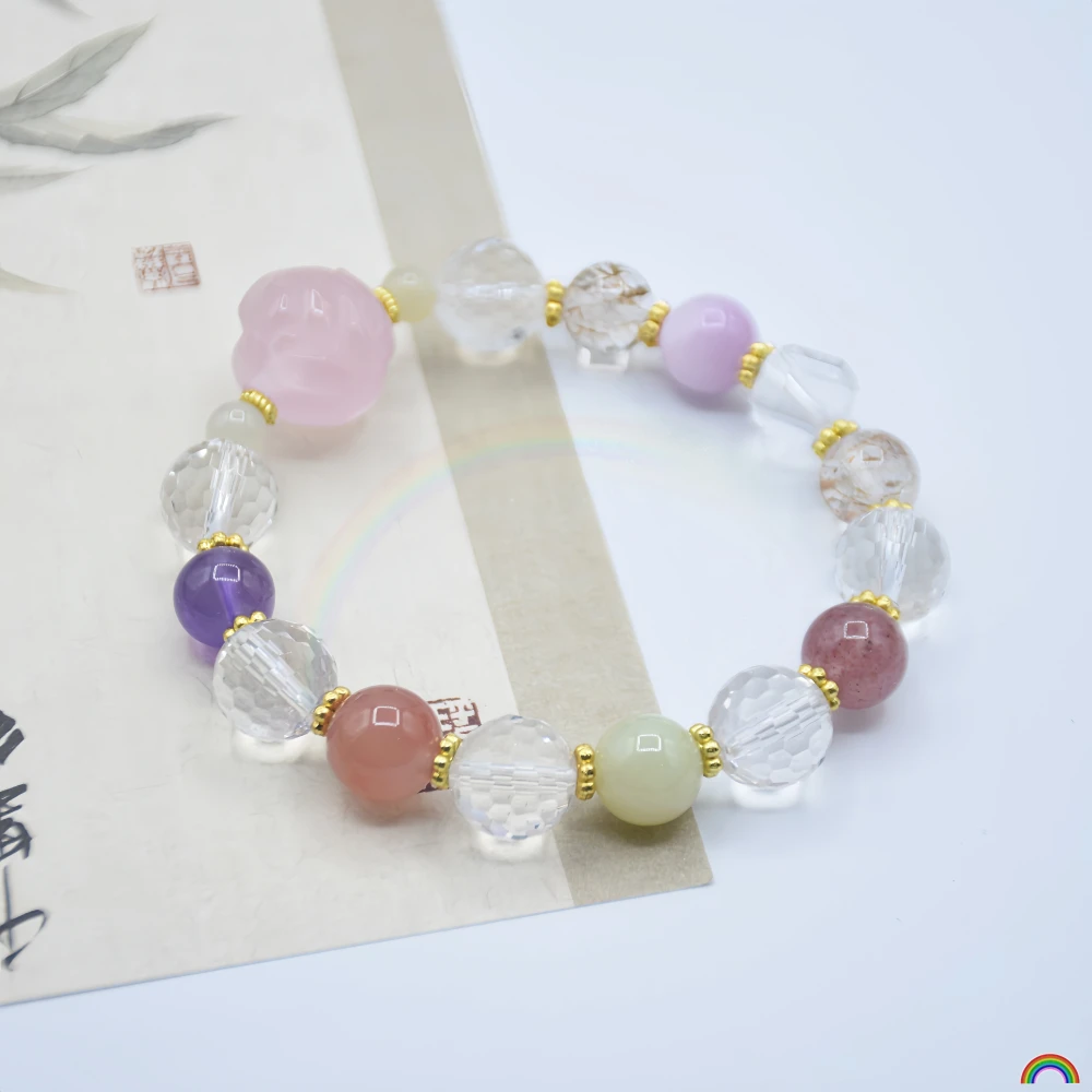 Natural multi-treasure crystal nine-tailed fox bracelet, super seven crystal, spodumene, red agate, jade bracelet for women, Rwb