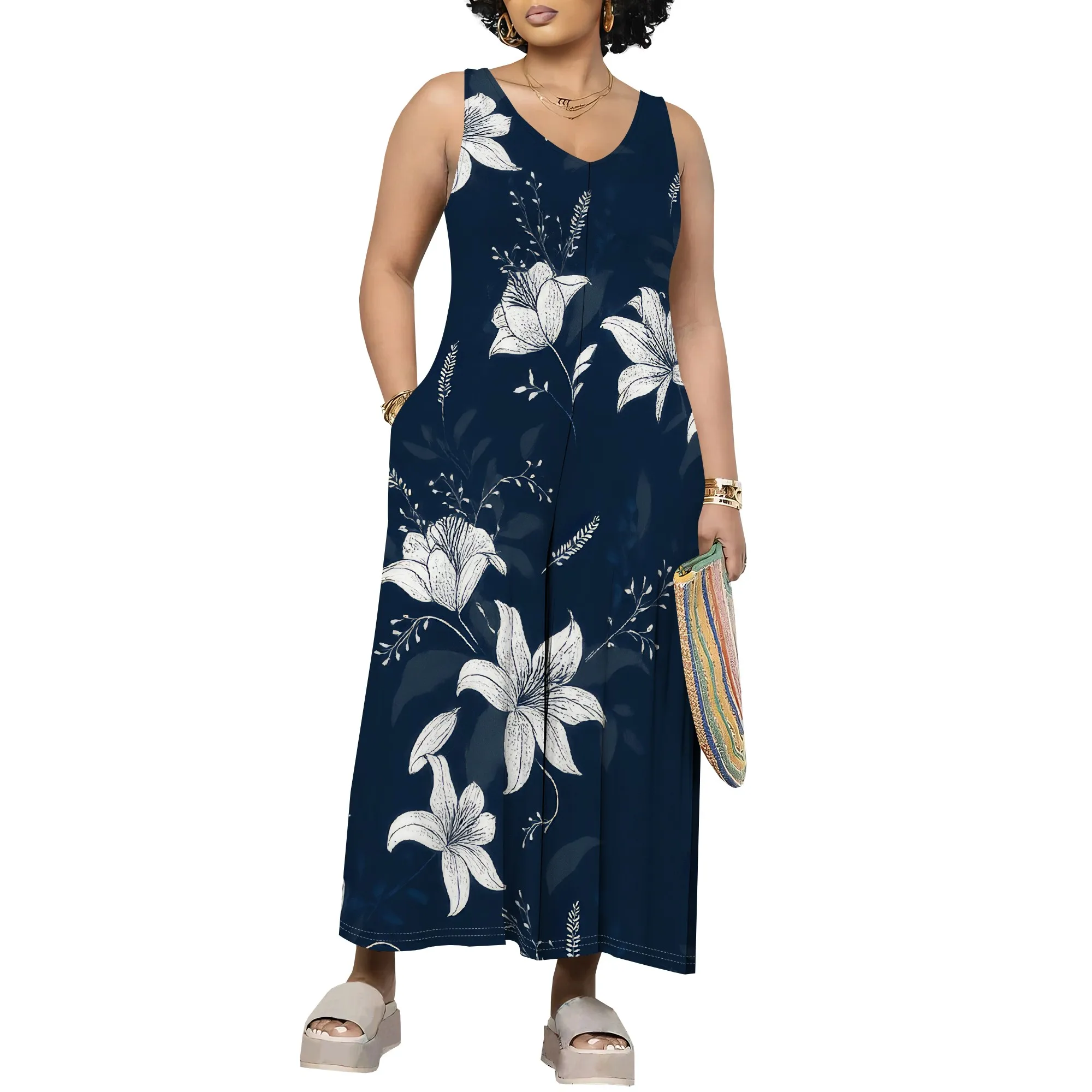 Abito lungo estivo da donna in cotone e lino senza maniche, eleganti abiti fluidi, taglie forti, ampio e comodo con tasche