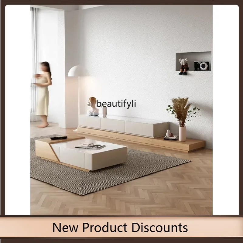 

K185 Wood Color Coffee Table TV Cabinet Combination Modern Minimalist Living Room Home Small Apartment Stone Plate Retractable F
