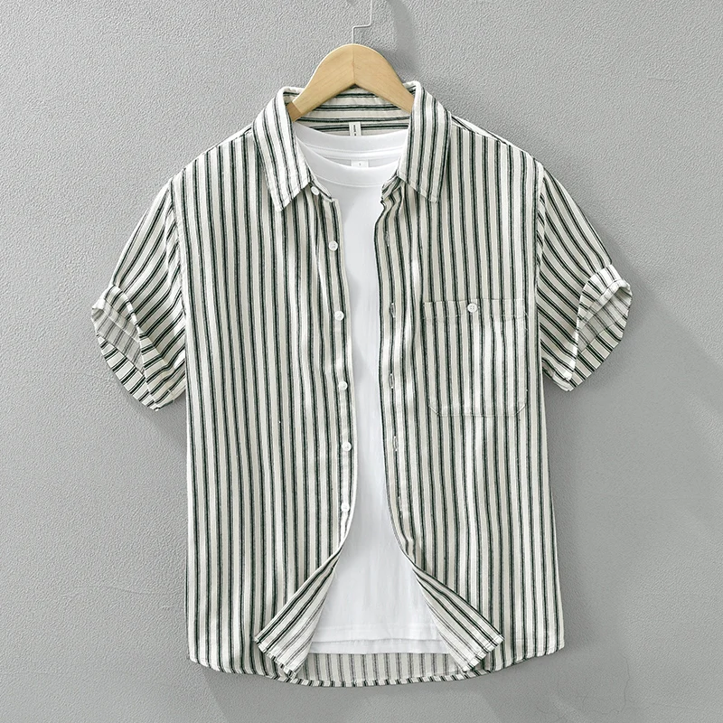 Camisa de manga corta a rayas para hombre, camisa informal suelta, ropa de verano, nueva moda