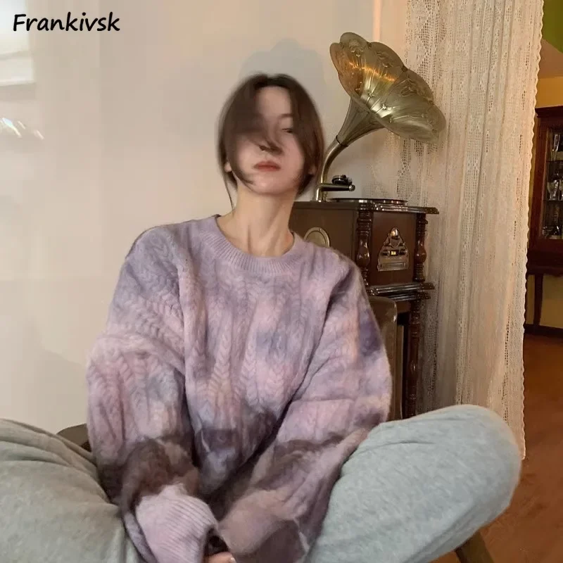 

Baggy Sweaters Women Autumn Winter Languid Korean Style Retro High Street Tie-dye Knitwear Prevalent Leisure Stylish Ladies Tops