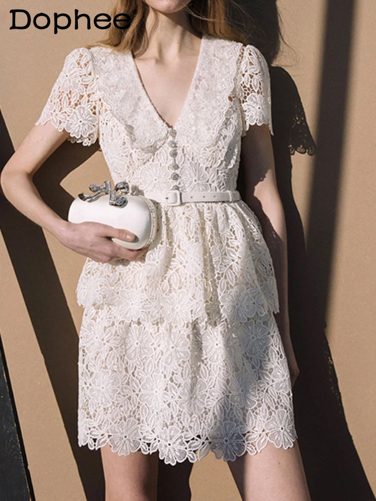 

Luxury Rhinestone Lace Cake Dress Women 2024 Spring Summer New Retro Puff Sleeve Sexy V-neck Short Sleeve Short White Dress