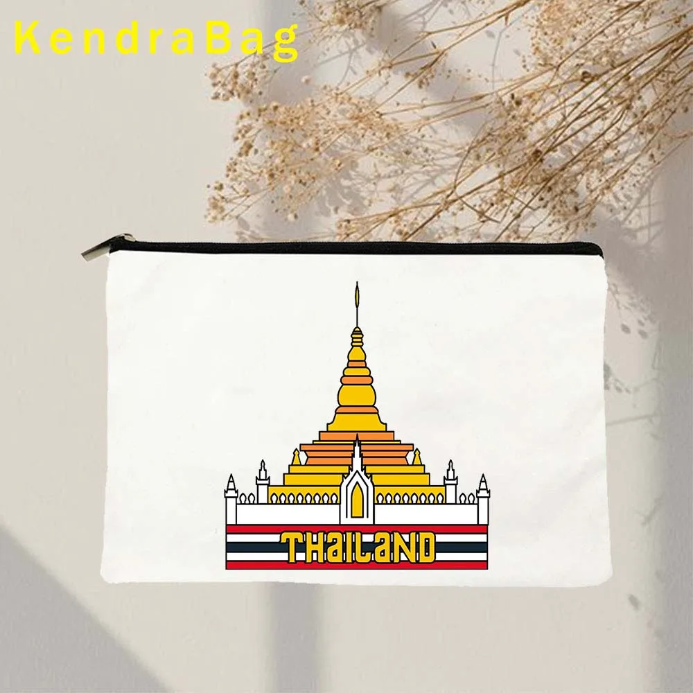 Vintage BANGKOK PHUKET THAILAND Flag Gift Wat Arun Temple of Dawn Canvas Cosmetic Bag Makeup Toilet Bag Pencil Case Zipper Pouch