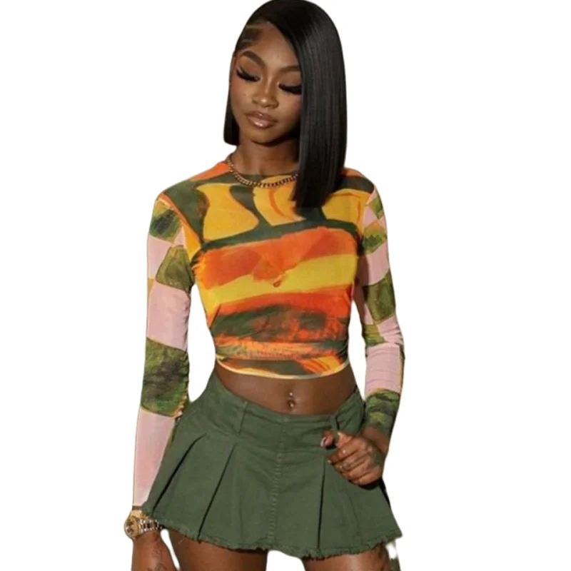 Women's Tie Dye Print Crop T-Shirt Tops, O-Neck, Long Sleeve