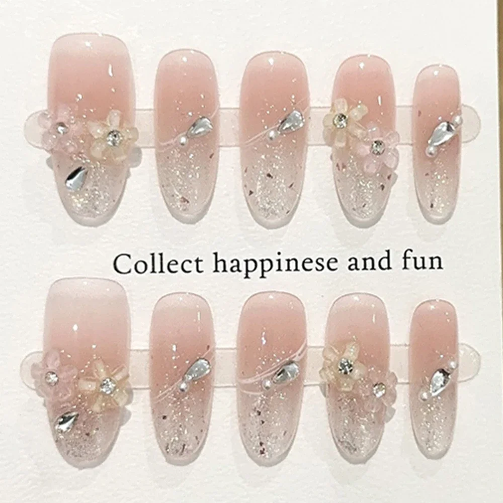 달콤하고 사랑스러운 만화 곰 롱 코핀 스틸레토 가짜 손톱 리본 진주 다이아몬드 꽃 고양이 눈 착용 가능한 가짜 손톱