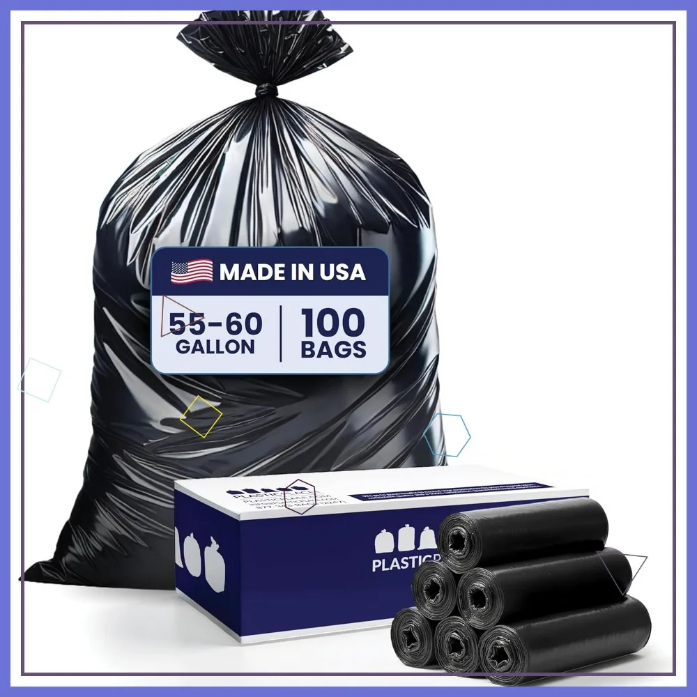 

Heavy Duty 55-60 Gallon Trash Bags, 1.0 Mil Black Garbage Liners, 38x58 Inches, 100 Count