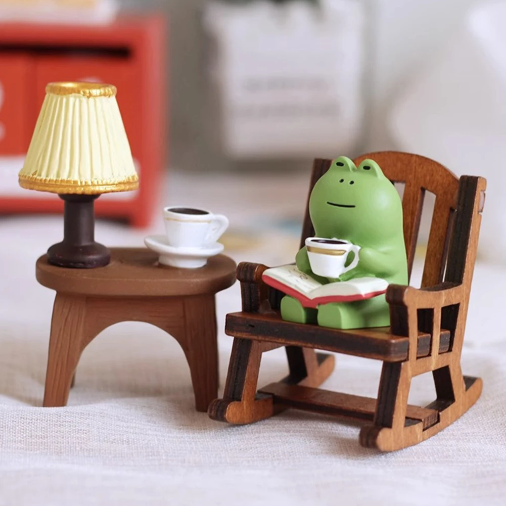Drinking Coffee Frog Micro Landscape Funny Frog Reading Sculpture Miniature Frog Read Book Figurines for Shelf Desk Decoration