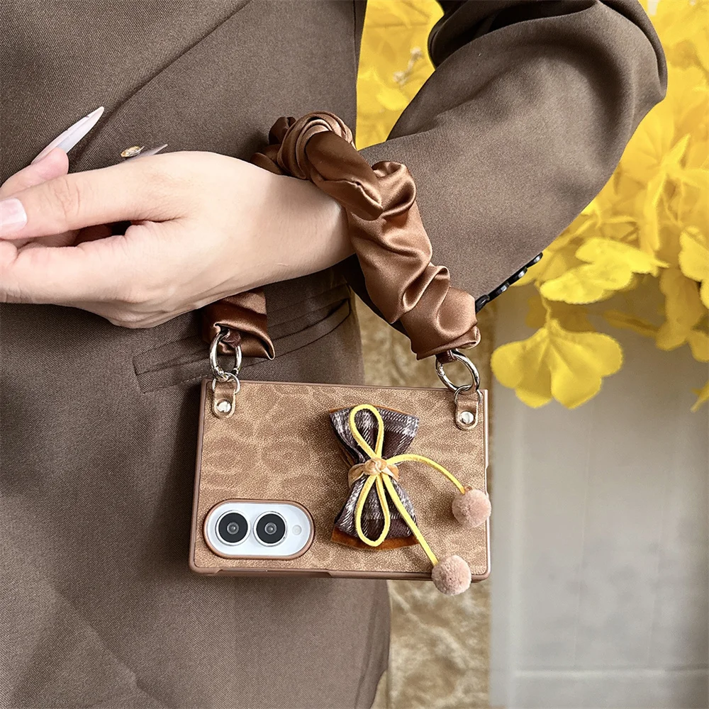 Korea Ins Leopard 3D bowknot Phone Case For Samsung Galaxy Z Fold 8 Cover Shockproof Cute Fold Cases with wrist strap Chain