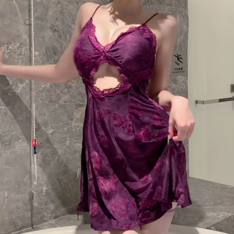 Women's Sheer Lace Nightgown, Sleeveless Suspender Dress Backless Butterfly Pattern, Tempting Sensual Flirtatious Sexy Lingerie view 3