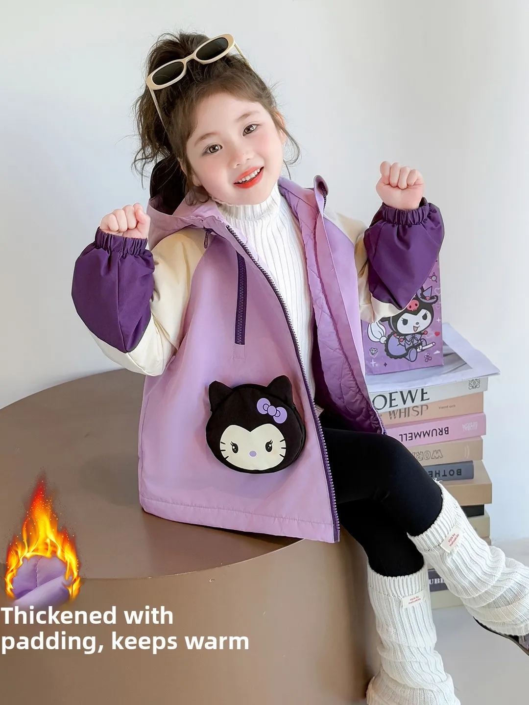 

Thiened Cotton Jaet for Girls Autumn Winter Sle Children's Clothing Sweet Loose Fit Hooded Zipper Closure Cartoon Pattern