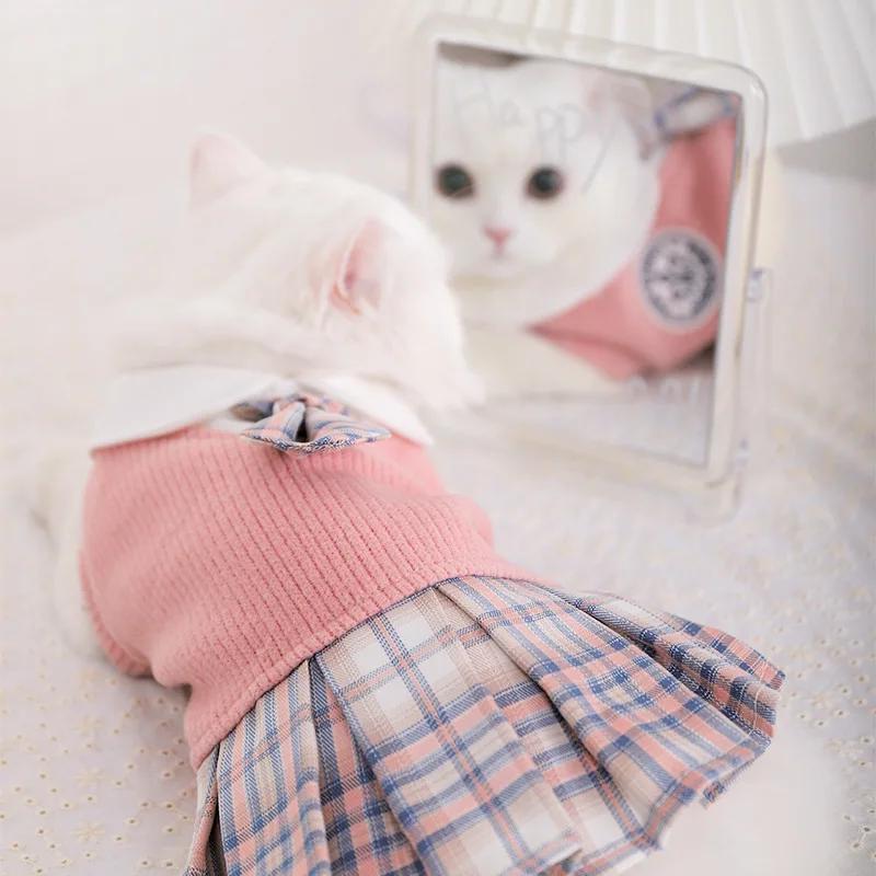 Cat JK Sweater Dresses Pet School Uniform  Puppy Spring Autumn Outfit Soft Knitted Skirt Shirts for Cat Rabbit Small Medium Dogs