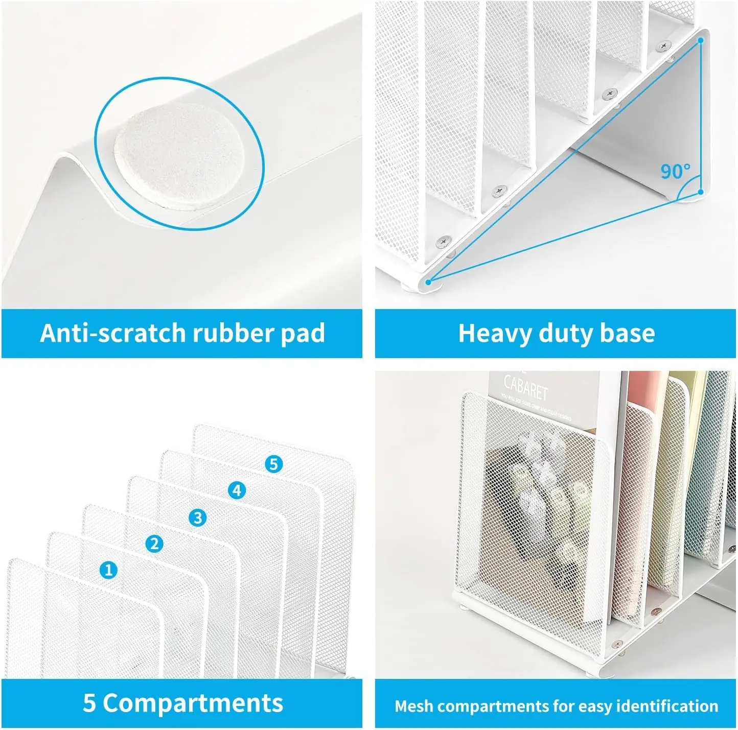 5-Section Vertical File Organizer for Desk, White Workspace Accessory with Steel Construction