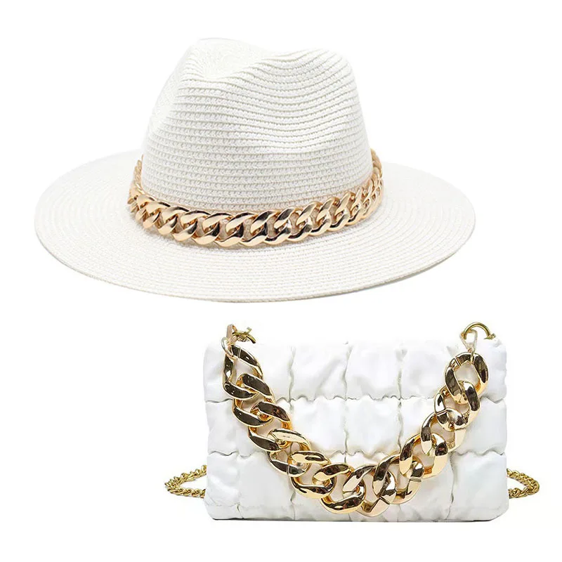 Set Straw Hat and Bag Set Gold Chain Bag Hat Set Ladies Leather Bag Tote Church Fedora Party Jazz Straw Hat