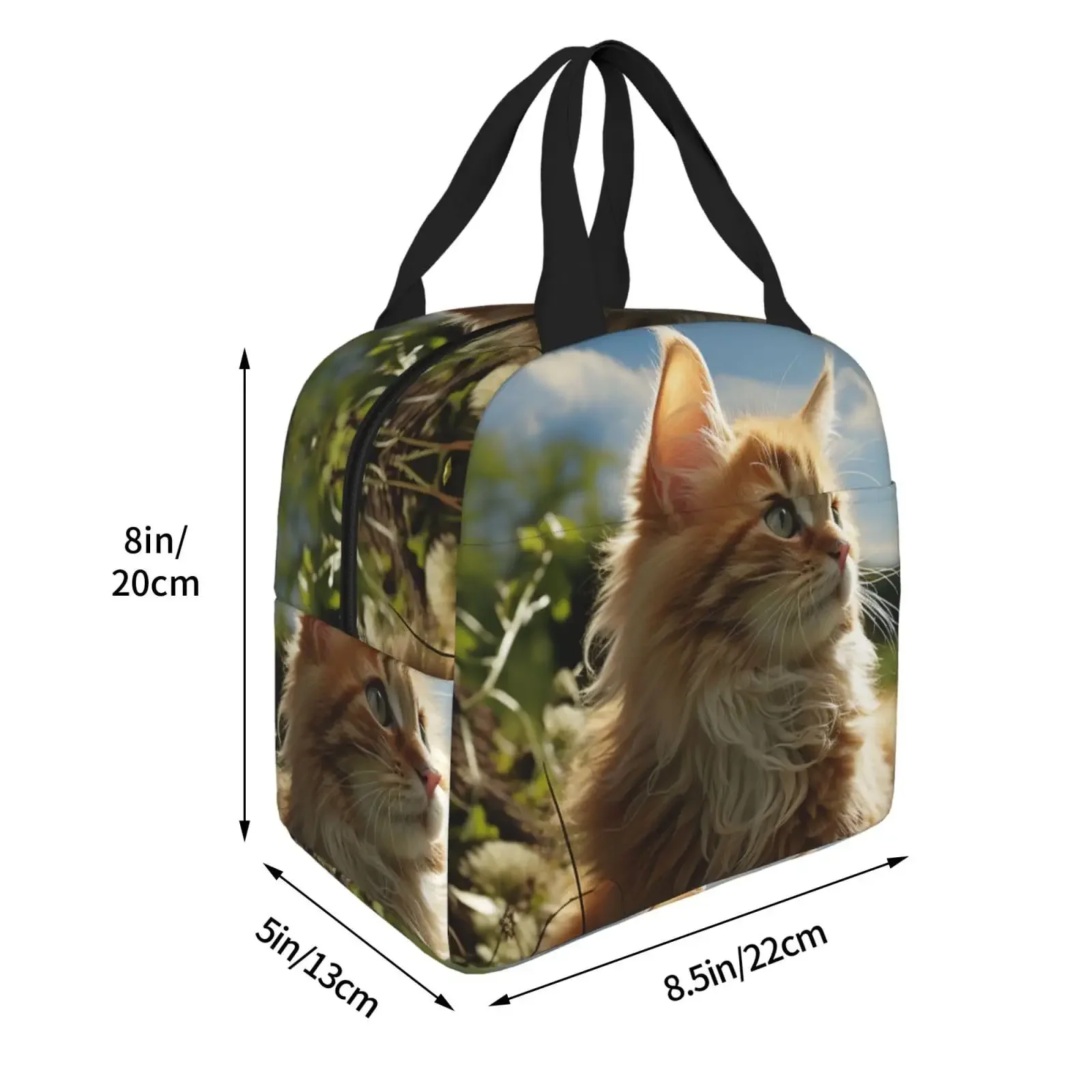 Cat Sitting In Green Fie Insulated Lunch Bag Lunch Box for Women Men Leakproof Thermal Lunch Tote Bag with Handle Small Lunchbox