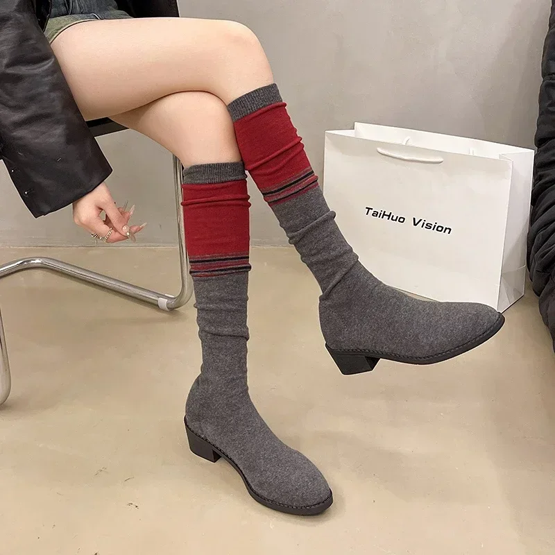 

Sock Boots Women's Thick Heel Thin Knitted Round Toe Color Matching 2024 Spring and Autumn sexy Elastic Long Leg Over Knee Boots