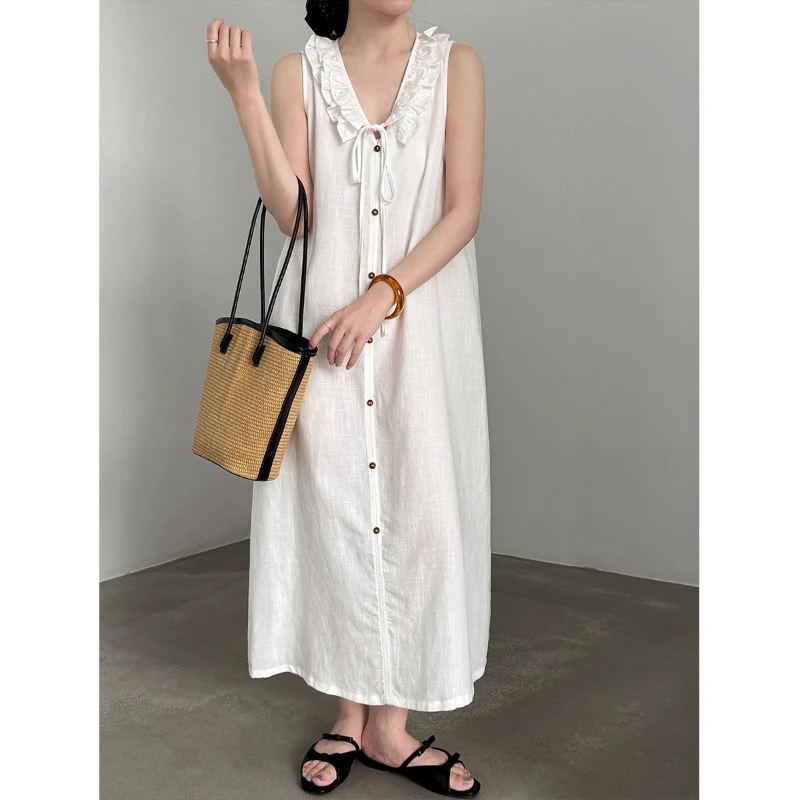 2026 Summer New Fashionable Drawstring Commuting Straight Tube Dress Black Fungus Edge V-neck Sleeveless Vest Dress for Women