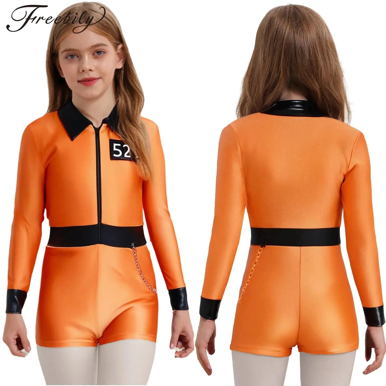

Kids Girls Halloween Theme Party Prisoner Cosplay Costume Long Sleeve Lapel Zipper Convict Bodysuit Jailbird Criminal Uniform