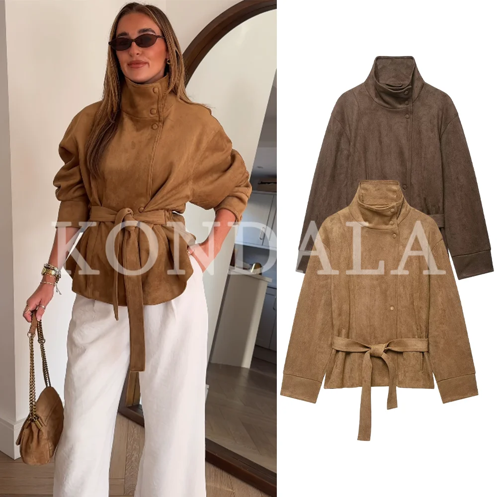 KONDALA Damen High-Street-Jacke Elegante Kunstwildleder-Jacke mit Gürtel und Stehkragen Neue 2026 Herbst-Winter Pendler-Damen-Kurzjacke – Detail 2