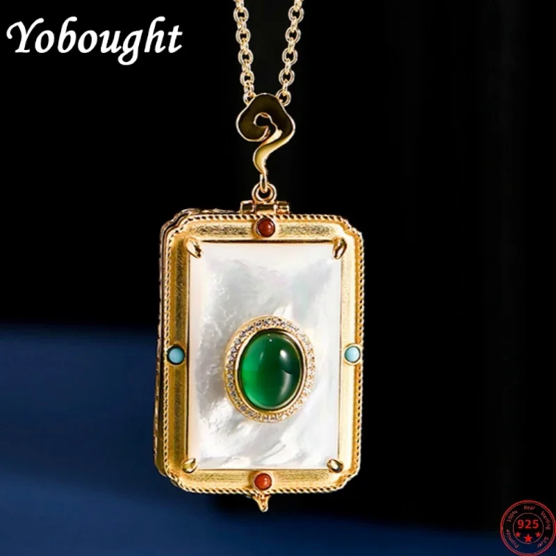 

S925 sterling silver pendants for Women New fashion gold-plated hollow gawu-box green agate white conch jewelry free shipping