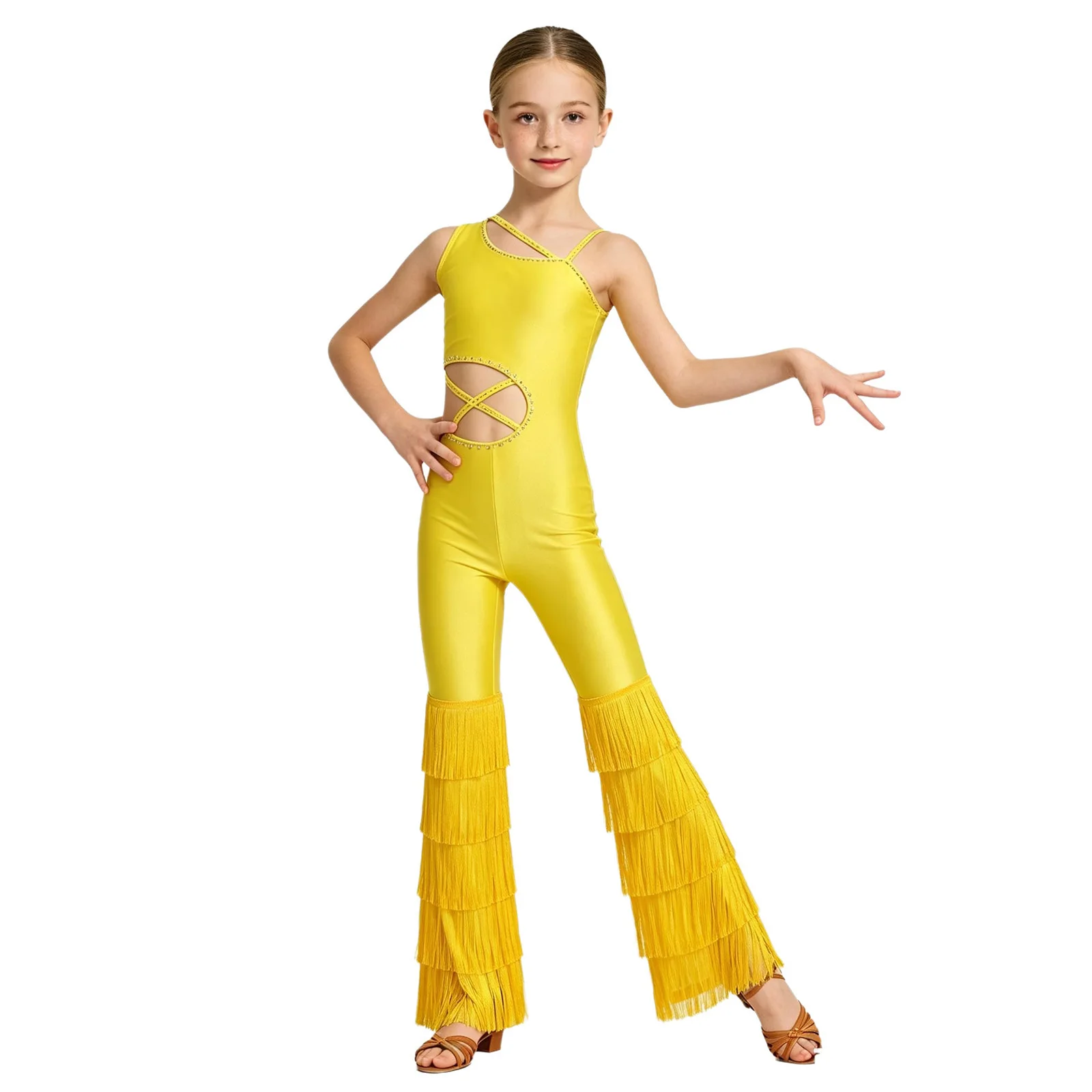 Kids Girls Cha-cha Tango Latin Dance Jumpsuit Cutout Sleeveless Shiny Rhinestone Tassel Bodysuit Modern Salsa Ballroom Outfits